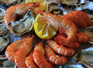 Grosses crevettes sur plateaux de fruits de mer